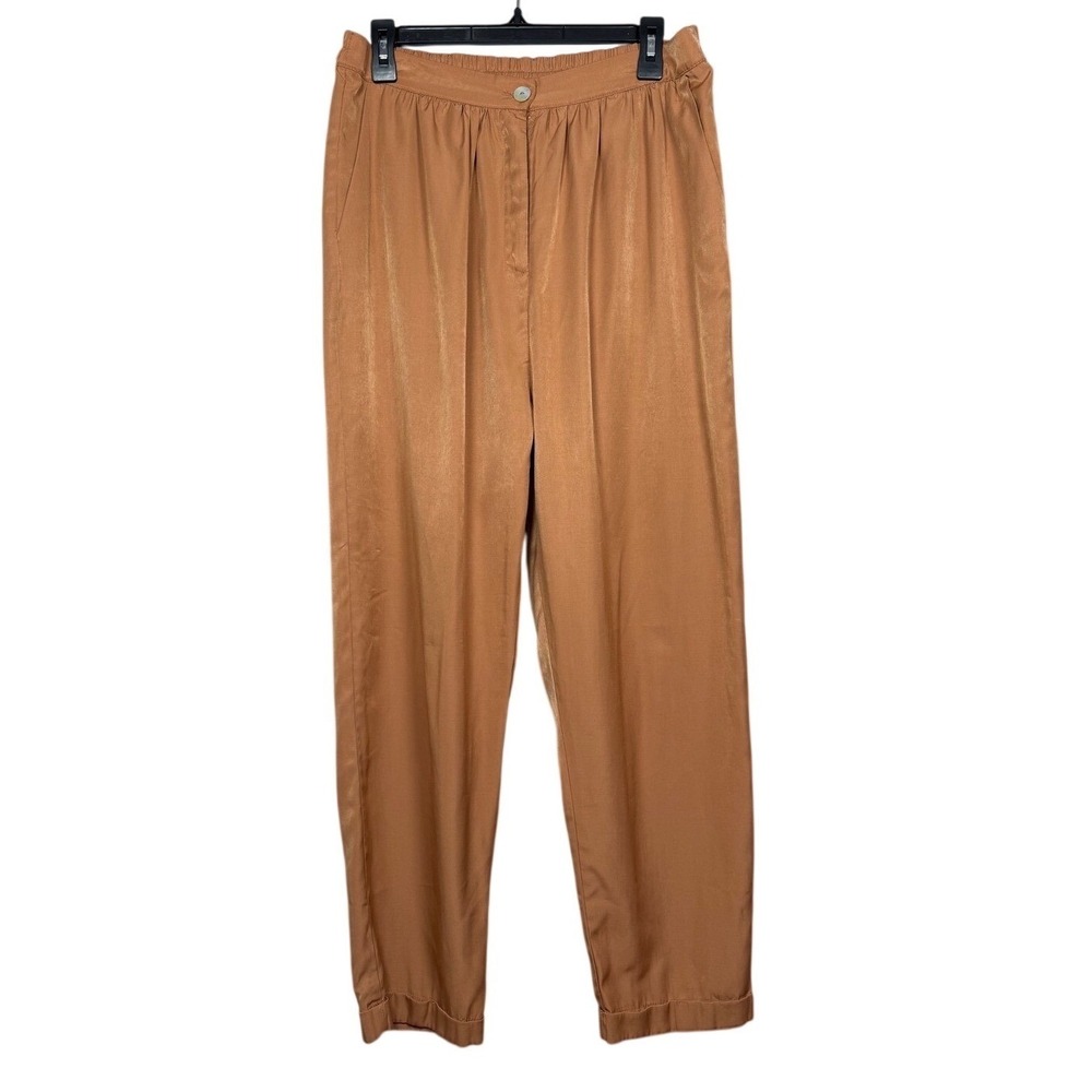 POL Copper Satin Pleated Tapered Trousers High Rise Elastic Back Pants, Size L